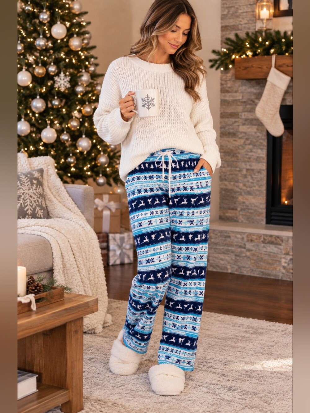 Blue Fair Isle Reindeer Christmas Pajama Pants Women XXL